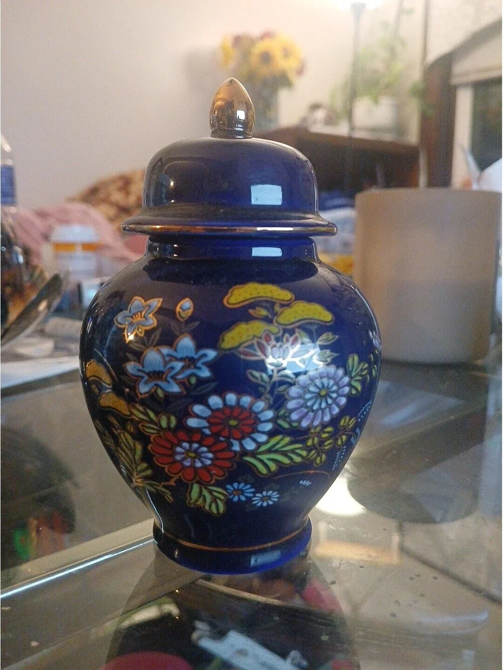 Vintage Kutani Cobalt Blue Floral Ginger Jar Vase & Lid 4 1/2
